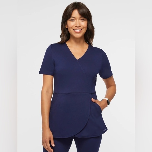 JAANUU WOMEN'S TULIP MOCK-WRAP SCRUB TOP - NAVY - Picture 1 of 8